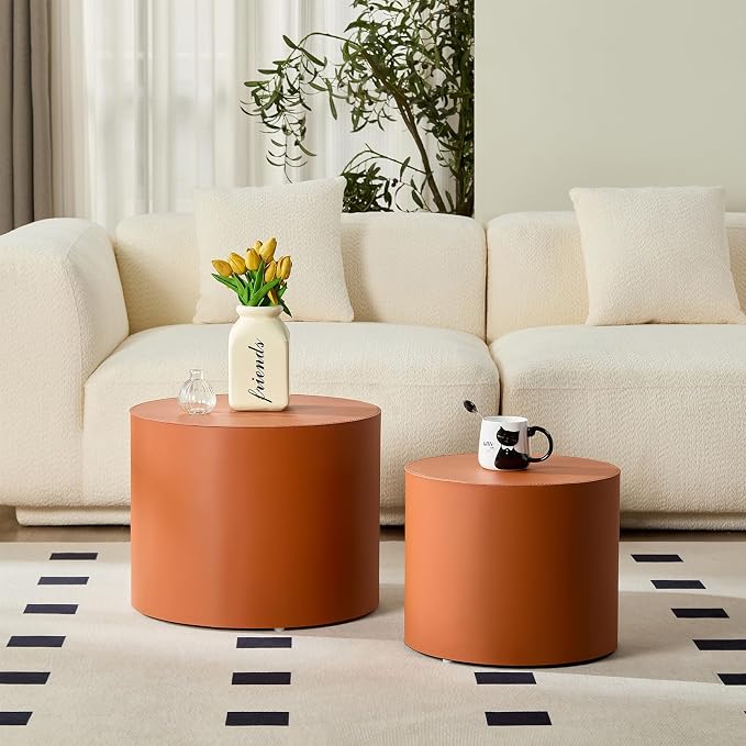 Round Coffee Table Set of 2, Modern Leather Circle Accent Tables, Minimalist Wooden Drum Side Table for Small Spaces Living Room Bedroom Balcony Office, Orange