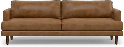 SIMPLIHOME Livingston Sofa - 90 inch Wide Top Grain Genuine Leather Sofa in Caramel Brown, Mid-Century Modern 3-Seater Couch for Living Room with Feather-Wrapped Cushions and Solid Wood Frame