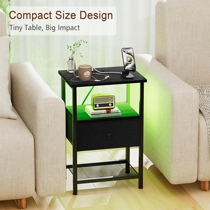 LOAKEKEL LED Night Stand with Charging Station, Small Bedside Table with USB Ports & Outlets, Fabric Storage Drawer with PU Finish for Bedroom, Black, HETS01BK-1