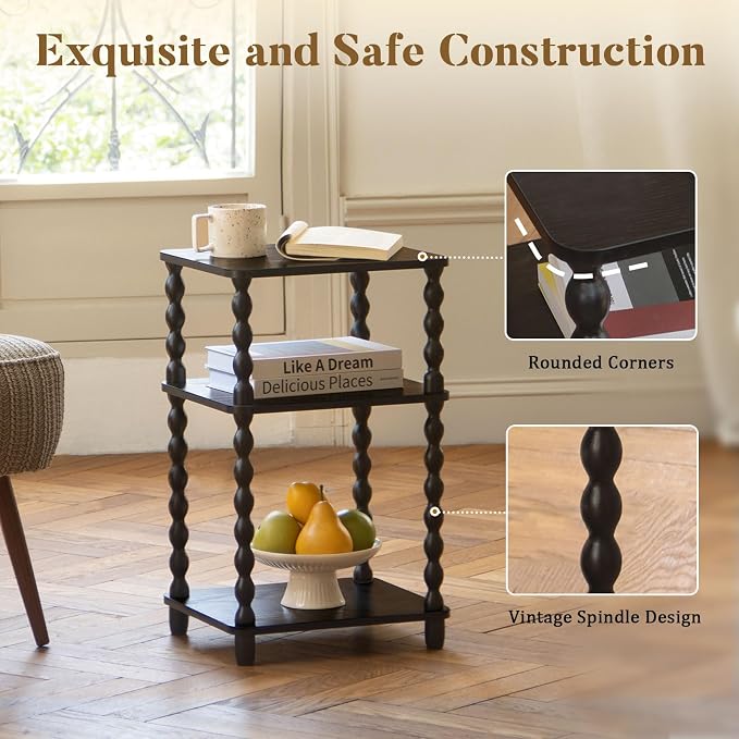 Fultyle Side Table, Small End Table with Storage Shelf, Vintage Nightstand Bedside Table for Living Room, Bedroom, Office and Small Spaces (Black)