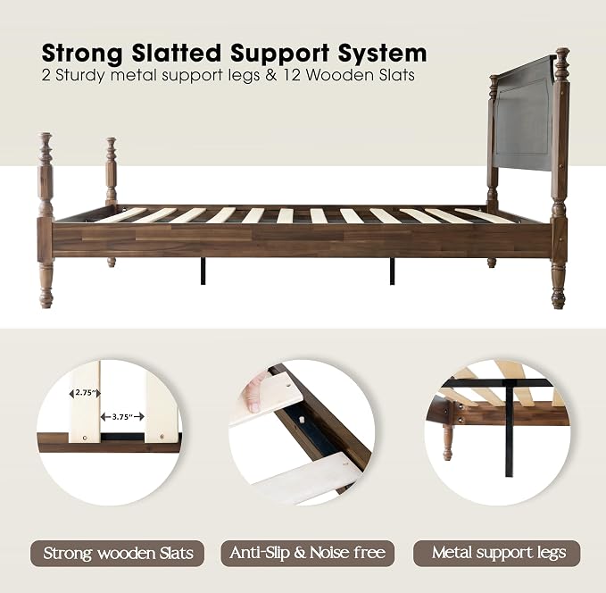 Solid Wood Queen Size Platform Bed Frame with Headboard & Footboard, Central Metal Legs, 12 Durable Slats Base, Anti-Slip & Noise-Free, Easy Assembly, No Box Spring Needed, Walnut Finish, ROQ-37