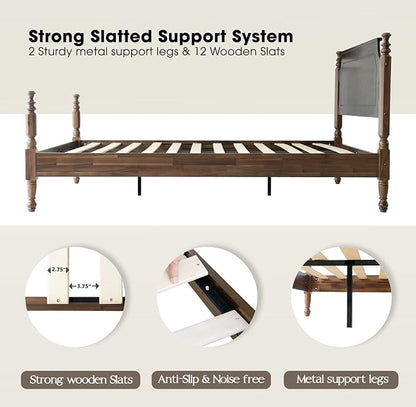 Solid Wood Queen Size Platform Bed Frame with Headboard & Footboard, Central Metal Legs, 12 Durable Slats Base, Anti-Slip & Noise-Free, Easy Assembly, No Box Spring Needed, Walnut Finish, ROQ-37