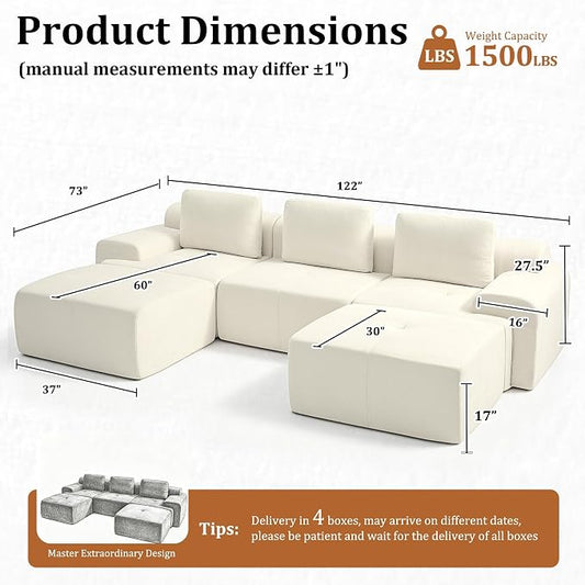 122" U Shaped Oversized Boneless Couch, Comfort Cloud Sectional Couches for Living Room, Modular Sofa High Back & Extra Deep Seat, No Assembly, Chenille(Warm White, 122 inch-U Shaped（3+2）)