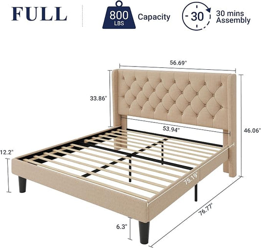 Allewie Full Size Bed Frame with Button Tufted Wingback Headboard, Modern Upholstered Bed Frame with Solid Wooden Slats Support - No Box Spring Needed, Easy Assembly, Beige