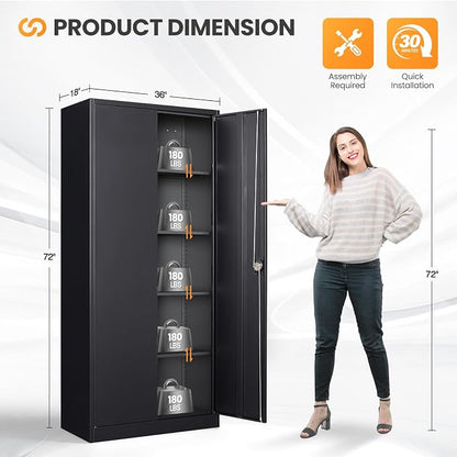 Metal Garage Cabinets with Lock, 72" H Garage Storage Cabinet with 2 Doors and 4 Adjustable Shelves, Steel Locking Caninet Tall Tool Storage Cabinets, Lockable File Cabnet for Home Office