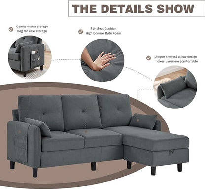 Convertible L-Shaped Sectional Sofa, 3-Seat Sofa Couches with Storage Ottoman & 2 Pillows and Side Storage Pockage, Small Modern Couch for Living Room, Apartment and Office, Dark Grey