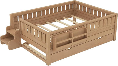 Bellemave Full Kids Montessori Bed with Stairs, Bookshelf and Trundle, Solid Wood Kids Bed Frame with Storage for Boys Girls, Low Profile,Natural