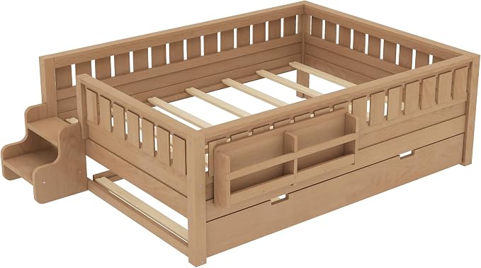 Bellemave Full Size Kids Bed with high Rails and with Built-in Bookshelf and Trundle for Kids, Girls, Boys, Wood Montessori Bed Without Door, Natural