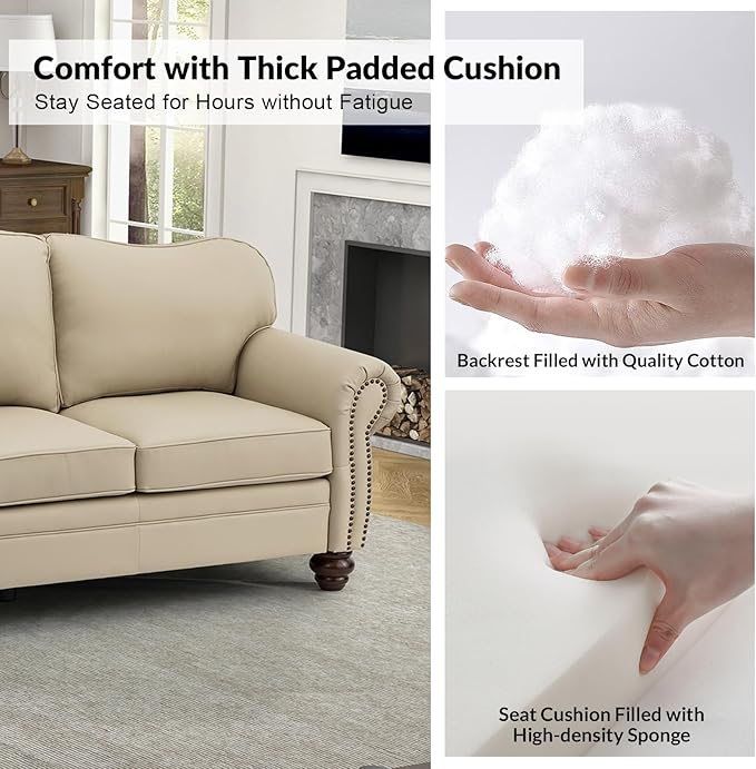 81" Genuine Leather Sofa, Classic 3-Seater Couchs with Wood Legs, Stylish & Comfortable Sofa for Living Room or Office, Easy Assembly Maintain & Long-Lasting, Beige