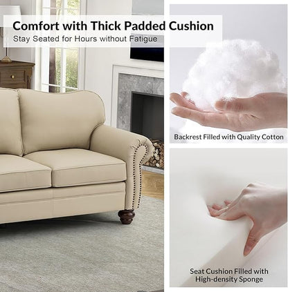 81" Genuine Leather Sofa, Classic 3-Seater Couchs with Wood Legs, Stylish & Comfortable Sofa for Living Room or Office, Easy Assembly Maintain & Long-Lasting, Beige