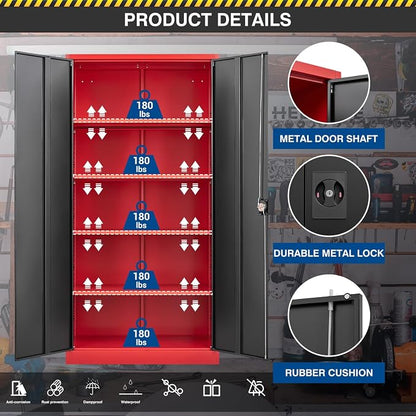 Fesbos Metal Storage Cabinet-72” Tall Steel File Cabinets with Lockable Doors and Adjustable Shelves-Black&Red Steel Storage Cabinet for Kitchen, Office, Garage