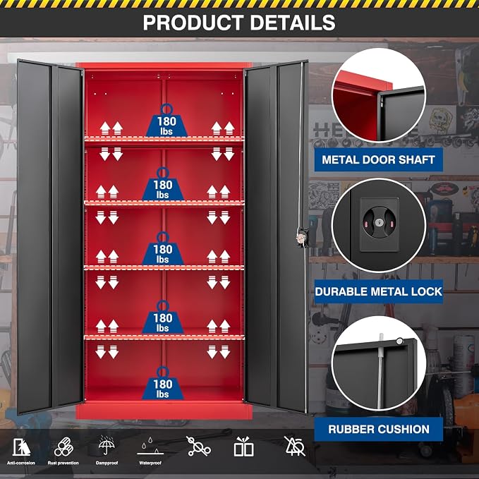 Fesbos Metal Storage Cabinet-71” Tall Steel File Cabinets with Lockable Doors and Adjustable Shelves-Black&Red Steel Storage Cabinet for Home,Kitchen, School, Office, Garage