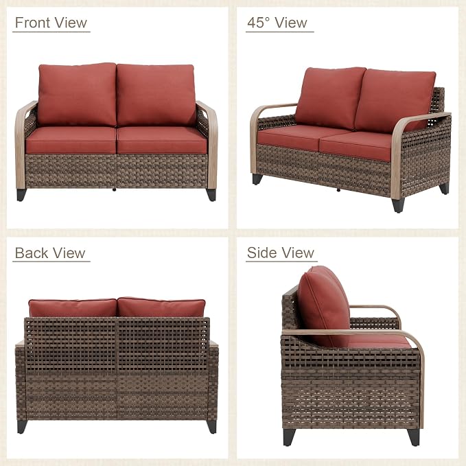 Modern Wicker Patio Sofa, Rattan Outdoor Loveseat for Small Balcony, 2 Seat Loveseat Furniture Set for Garden Deck Backyard, Brown/Red