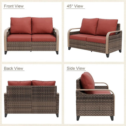 Modern Wicker Patio Sofa, Rattan Outdoor Loveseat for Small Balcony, 2 Seat Loveseat Furniture Set for Garden Deck Backyard, Brown/Red