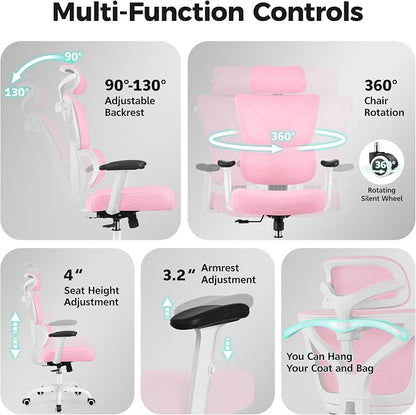 Ergonomic Office Chair High Back Desk Chair with Lumbar Support, Breathable Mesh Computer Chair with Adjustable Armrests Height, Reclining Swivel Big and Tall Gaming Chair for Home Office(Pink)