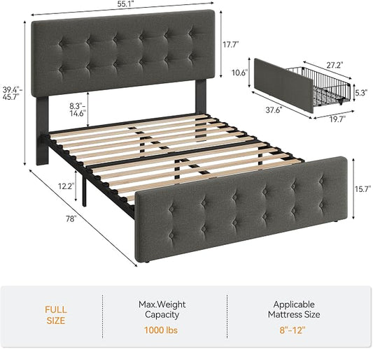 IDEALHOUSE Full Size Bed Frame with 4 Storage Drawers and Headboard, Linen Upholstered Platform Bed Frame with Wooden Slats Support, Button Tufted Design, No Box Spring Needed, Light Grey