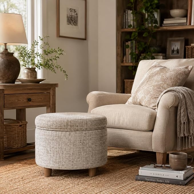 HomePop 24" Large Round Storage Ottoman - Cream Textural Woven