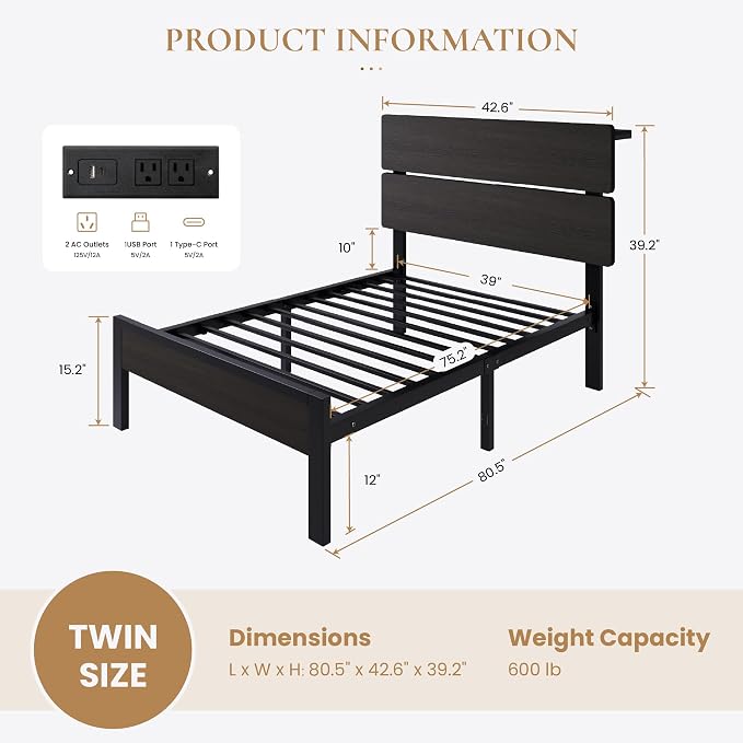 SHA CERLIN Twin Size Bed Frame with Led Light & Built-in Charging Station, Wooden Headboard with Storage Shelf, Metal Platform Bed, Under Bed Storage, No Box Spring Needed, Noise Free, Black