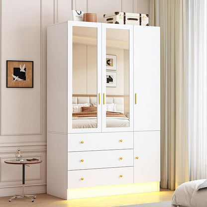 75" Tall 3 Doors Armoire Wardrobe Closet with 3 Drawers, Wooden Wardrobe Cabinet with LED Lights & Mirror, Freestanding Clothing Storage Cabinet with Hanging Rod, Adjustable Shelves (White, 3 Doors)