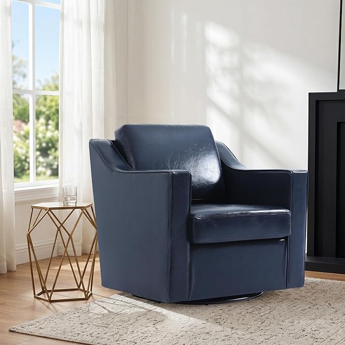 Swivel Accent Chair Set of 2, Modern Round Barrel Arm Chair for Living Room, Bedroom, Comfy Club Reading Chairs for Adults, Leather Navy Blue