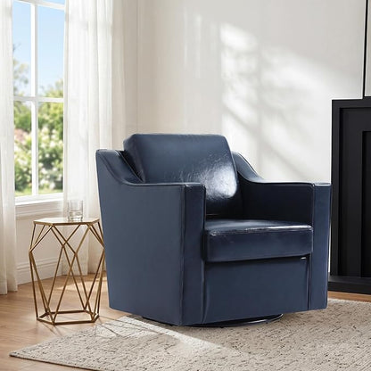 Swivel Accent Chair Set of 2, Modern Round Barrel Arm Chair for Living Room, Bedroom, Comfy Club Reading Chairs for Adults, Leather Navy Blue
