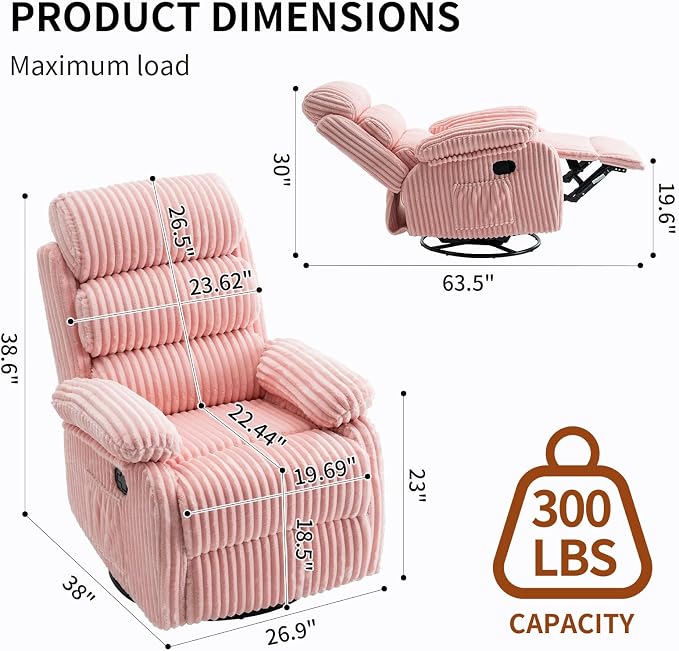 Snug-Cushioned Velvet 360° Swivel Recliner Chair - Gliding Rocking Chair Nursery Recliner, Generous Footrest, Padded Armrests & Side Pocket, Perfect for Nursery & Compact Spaces, Pink