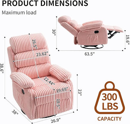 Snug-Cushioned Velvet 360° Swivel Recliner Chair - Gliding Rocking Chair Nursery Recliner, Generous Footrest, Padded Armrests & Side Pocket, Perfect for Nursery & Compact Spaces, Pink