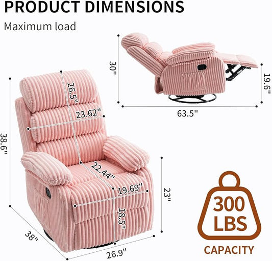 Snug-Cushioned Velvet 360° Swivel Recliner Chair - Gliding Rocking Chair Nursery Recliner, Generous Footrest, Padded Armrests & Side Pocket, Perfect for Nursery & Compact Spaces, Pink
