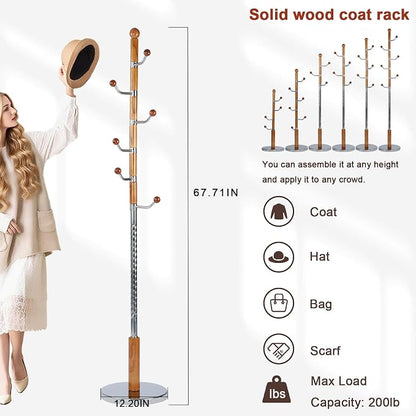 Coat Racks Freestanding, Natural Wood Coat Stands with 6 Hooks, 68" Heavy Duty Adjustable Height Vintage Hall Tree for Entryway, Bedroom, Office, Easy Assembly (Solid Wood Metal Hook)