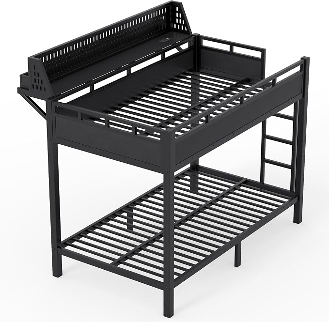 Bellemave Bunk Bed Twin XL Over Twin XL，Metal Bunk beds with Storage Shelves USB Ports and LED Lights, Black