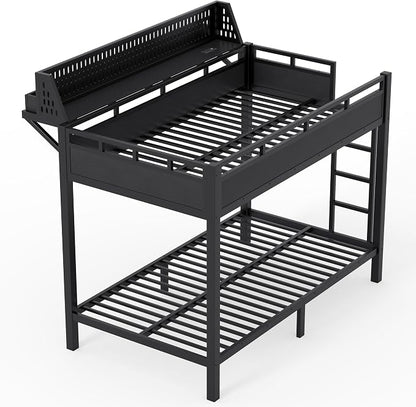 Bellemave Bunk Bed Twin XL Over Twin XL，Metal Bunk beds with Storage Shelves USB Ports and LED Lights, Black