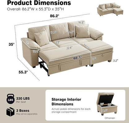Ihanherry 86" Modular Sectional Sofa with Pull Out Bed, 4-Seater L Shaped Sectional Sleeper Couch with Storage Ottoman, Chenille Convertible Couches for Living Room, Apartment (Sand)