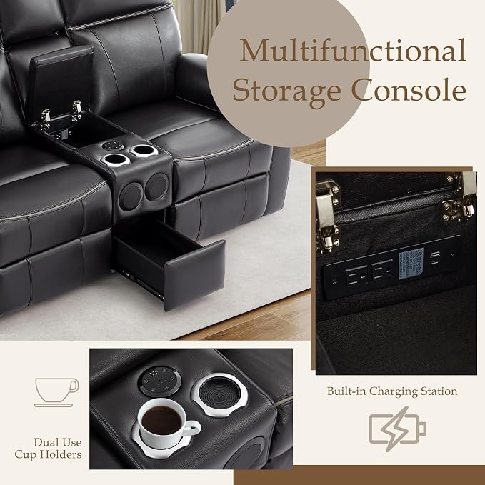 Power Reclining Loveseat with LED Reading Light/Storage Drawer, Power Loveseat Recliner Sofa, Reclining Loveseat with Bluetooth Speakers/Outlets/Breathing Leather (Brown, 2 Seat with Console)