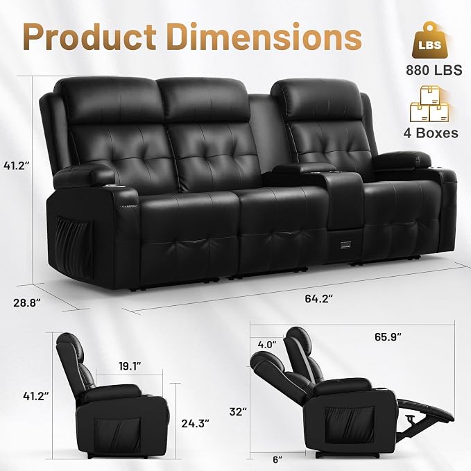 Recliner Sofa Set, Home Theater Seating with Massage, Loveseat Recliner Couch and Recliner Single Chair with USB, Wall Hugger Reclining Movie Theater Chair with Cup Holders, Drawer for Gaming Room