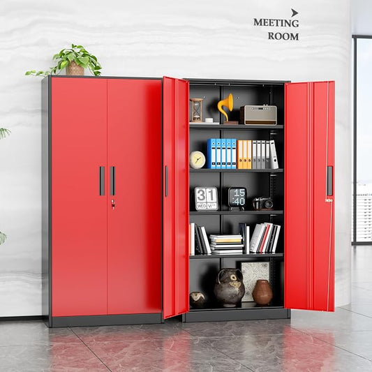 INTERGRAET Metal Storage Cabinet with Adjustable Shelves, Garage Storage Cabinets with Doors and Shelves, File Cabinets for Home Office, Kitchen Pantry Cabinet, 72''H, Black Red