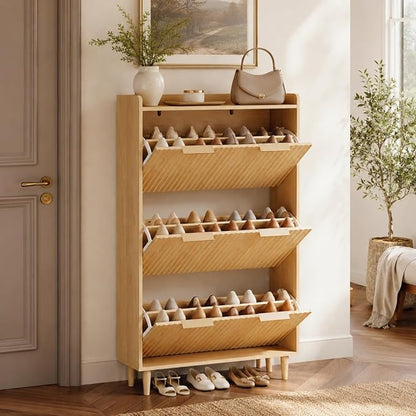 VINGLI Fluted Shoe Storage Cabinet for Entryway with 3 Flip Drawers, Narrow Shoe Organizer with Fluted Panel, Freestanding Wood Hidden Shoe Cabinet for Foyer, Hallway (Oak, 3 Flip Drawers)