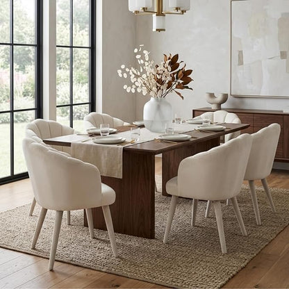 Hyfirm Velvet Dining Chairs Set of 6, Upholstered Modern Kitchen Dining Chairs with Petal Back & Fabric Covered Wooden Legs, Comfy Accent Armchairs for Bedroom/Kitchen/Vanity, Cream