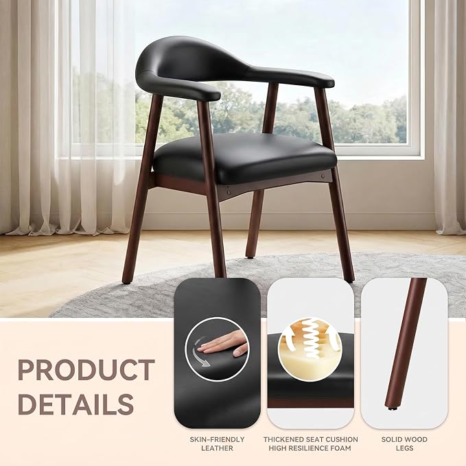 MALOL Leather Dining Chair with Armrest Set of 4, Upholstered Dining Room Chair with Curved Back and Wood Legs, Mid Century Modern Kitchen Chairs for Kitchen Dining Room,Black