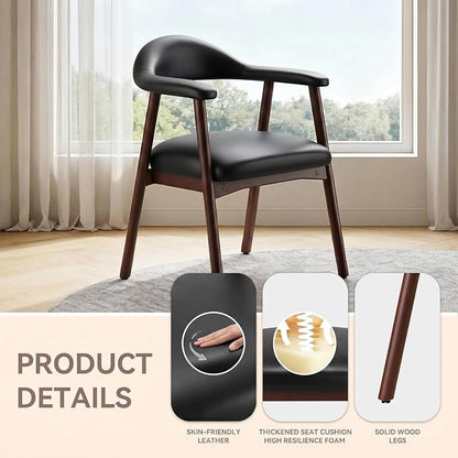 MALOL Leather Dining Chair with Armrest Set of 2, Upholstered Dining Room Chair with Curved Back and Wood Legs, Mid Century Modern Kitchen Chairs for Kitchen Dining Room,Black