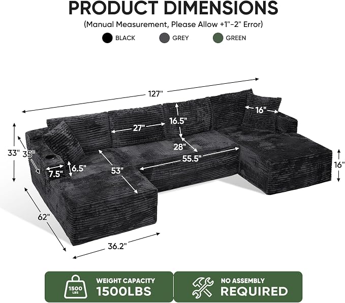 Boneless Couch, 127" Sofas for Living Room, U Shaped Couch with Chaise | Sectional Sofa, Cloud Couch Sectional with Cup Holders and Storage, Cloud Sofa with Deep Seat, Grey, Corduroy, No Assembly