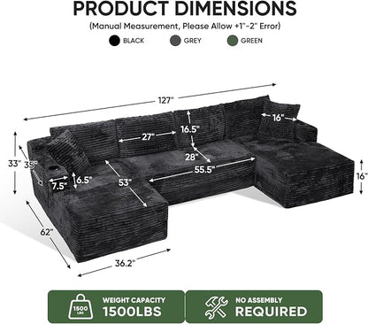 Boneless Couch, 127" Sofas for Living Room, U Shaped Couch with Chaise | Sectional Sofa, Cloud Couch Sectional with Cup Holders and Storage, Cloud Sofa with Deep Seat, Grey, Corduroy, No Assembly