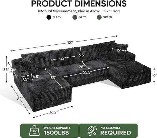 Boneless Couch, 127" Sofas for Living Room, U Shaped Couch with Chaise | Sectional Sofa, Cloud Couch Sectional with Cup Holders and Storage, Cloud Sofa with Deep Seat, Grey, Corduroy, No Assembly