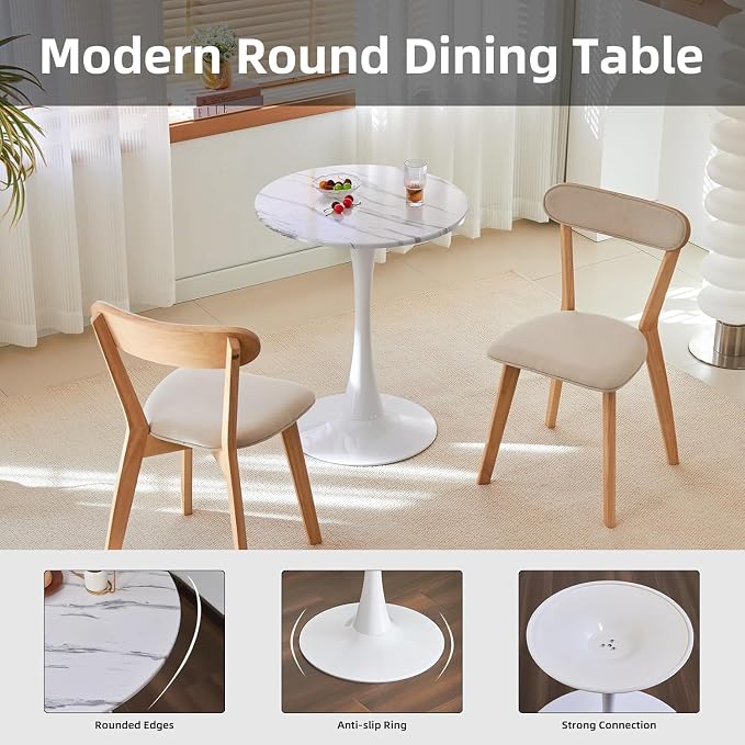 Round Dining Table, 24" Circle Tulip Table with Thickened Tabletop & Metal Pedestal, Mid Century Modern Bistro Table for Kitchen, Small Places, Living Room, Cafe (Faux Marble White)