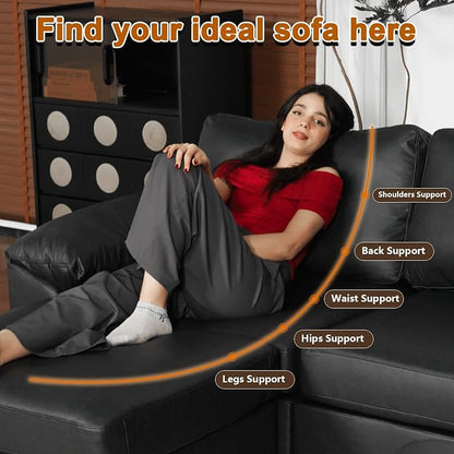 EASE MOOSE Oversized Modular Sectional Couch with Ottoman, Vintage Faux Leather Sectional Sofa with Deep Seat, Scratch Resistant Faux Leather Material, Extra Large L Shaped Couch,Deep Black