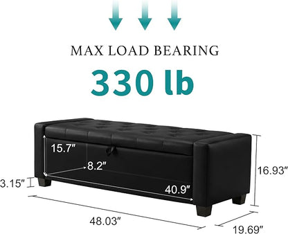 Huatean Home 48" Ottoman with Storage, Storage Ottoman Bench with Safety Hinge, Upholstered Entryway Bench with Seating for Bedroom, Living Room, Holds up to 330 lb, Light Black