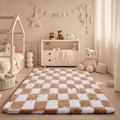 Ophanie Checkered Beige & White Rug for Living Room Bedroom,Fluffy Soft Cute Fuzzy Area Rugs,Shag Plush Shaggy Bedside Floor 4x6 Furry Carpet Kids Baby Teen Dorm Decor with Over 99 pcs Pile fibers