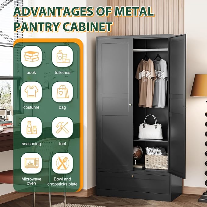 Letaya Metal Wardrobe Cabinets,18" Deep Clothing Storage Cabinet with Doors and Shelves,for Home Room,Fire Department, School, Employee,Gym,Government (Black)