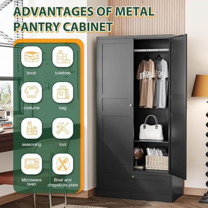 Letaya Metal Wardrobe Cabinets,18" Deep Clothing Storage Cabinet with Doors and Shelves,for Home Room,Fire Department, School, Employee,Gym,Government (Black)