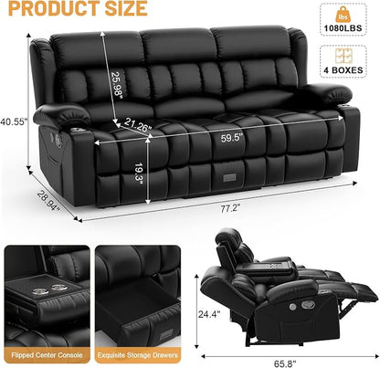 Dresegmt Recliner Sofa Set, Flip Middle Backrest Design PU Leather 3 Seater Reclining Sofa and 2PC Single Recliner Chair, Manual Couches for Living Room (Black, PU 3+1+1)