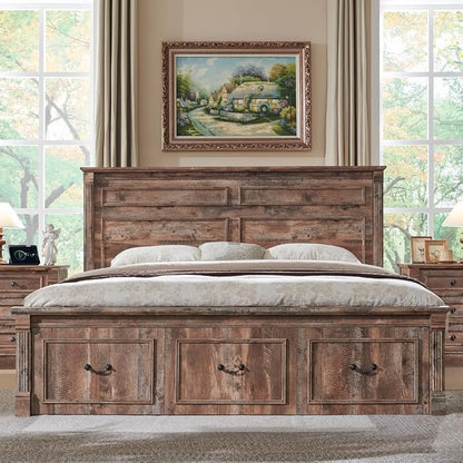 Aitjunz Farmhouse King Size Bed Frame with 51" Tall Headboard, Wood Platform Bed Frame with 20" Tall Roman Column Decoration Footboard & 3 Large Storage Drawers, No Box Spring Needed (Light Brown)